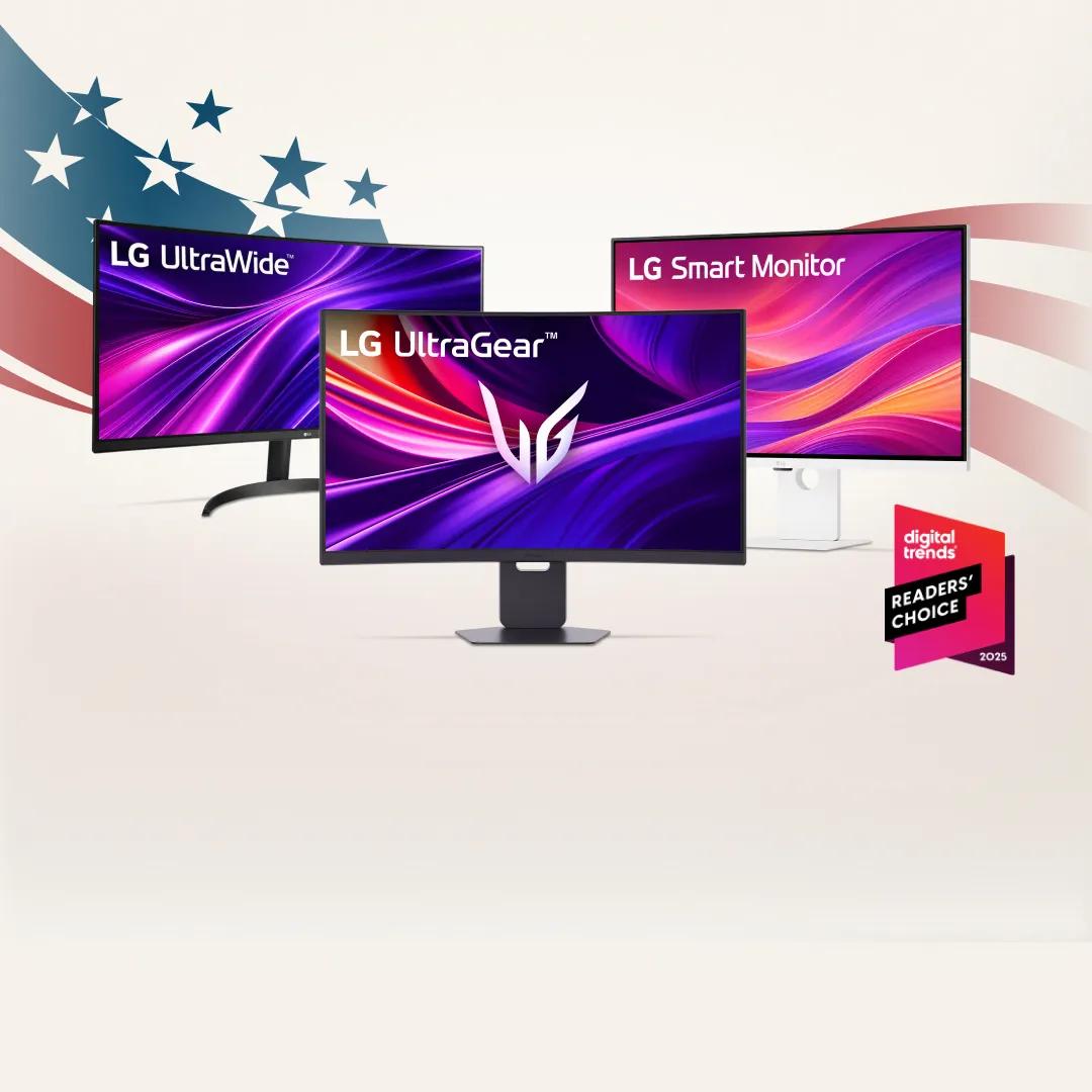 “4th of July Savings Event” title badge. A group of LG monitors on a stars and stripes background. “digital trends” badge. “LG + America250: Proud Partner of America250” badge.