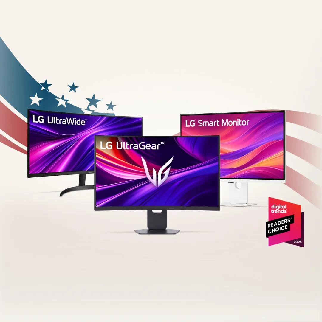 “4th of July Savings Event” title badge. A group of LG monitors on a stars and stripes background. “digital trends” badge. “LG + America250: Proud Partner of America250” badge.