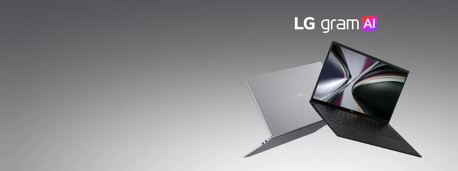 “LG gram AI” title. 2 laptops appear back-to-back on a silver background.