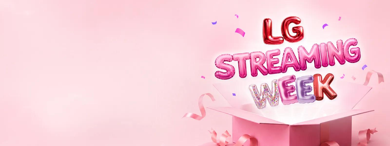 LG Streaming Week promotional banner with pink balloon letters spelling LG Streaming Week rising out of an open pink gift box against a light pink background, decorated with confetti and ribbon