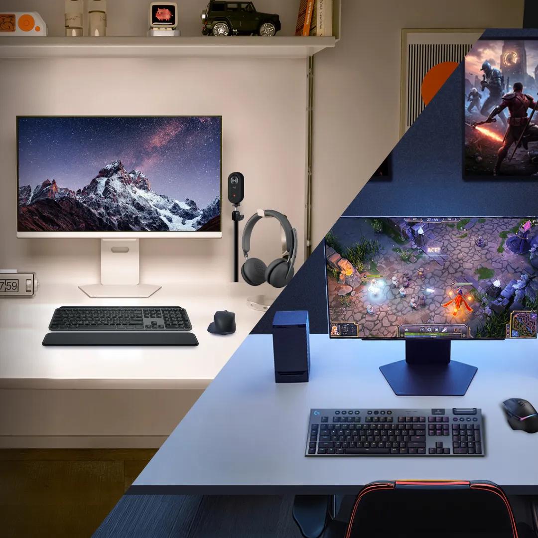 Split screen image shows 2 LG Monitors on different desktops, with one made for gaming and the other for work. Various Logitech accessories such as a mouse, keyboard and camera appear beside the monitors.
