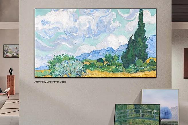 LG TV is featured in a stylish home interior as an Art TV, displaying Vincent van Gogh's “A Wheatfield, with Cypresses” through LG Gallery+ and blending seamlessly with the décor.