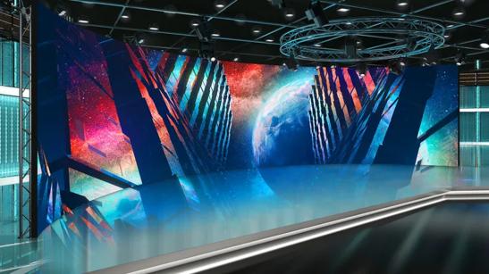 A media studio interior with curved Virtual Production LG DVLED as a backdrop.