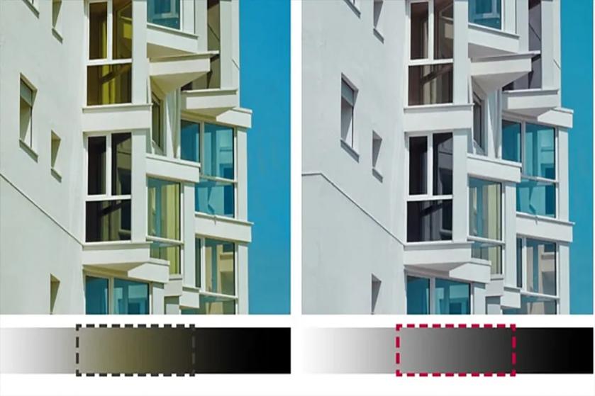 Side-by-side comparison of the same building with different lighting and color tones.