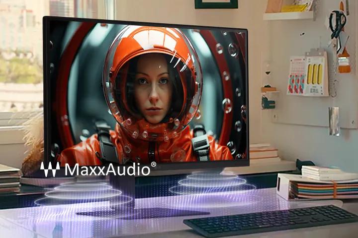 A desktop setup with an LG monitor displaying a woman in a space suit, enhanced with MaxxAudio visual effects suggesting built-in speaker sound projection.