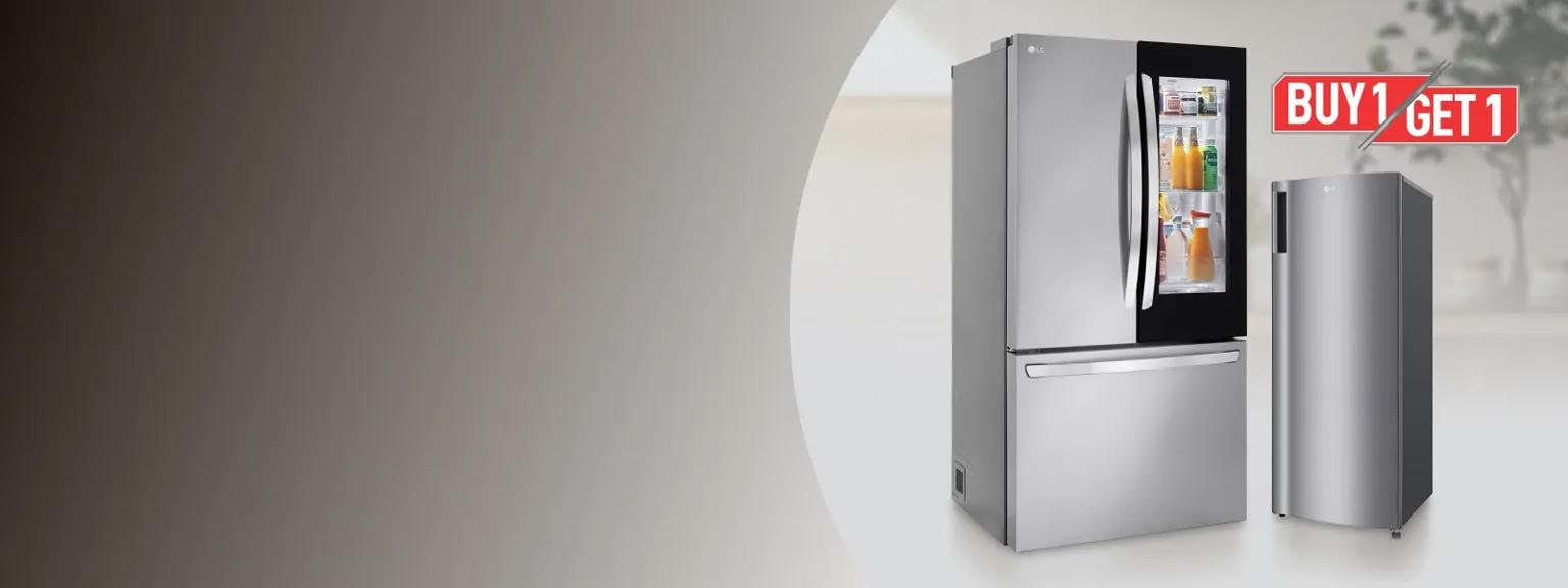 “Buy 1, Get 1” title badge. A French Door and a single door refrigerator appear side-by-side.
