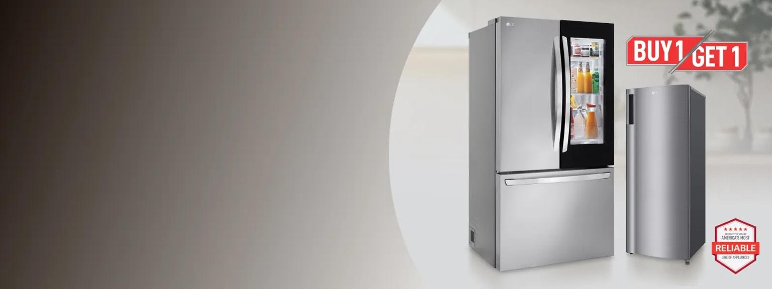 “Buy 1, Get 1” title badge. A French Door and a single door refrigerator appear side-by-side.
