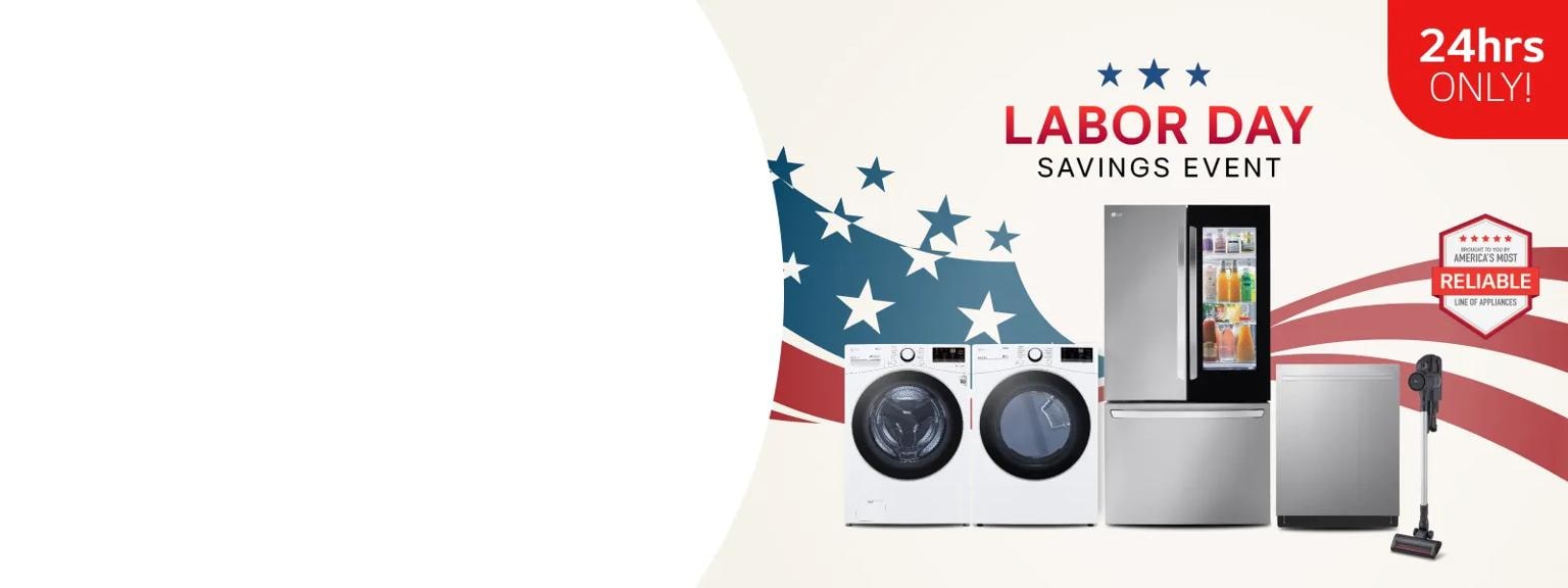 A group of LG home appliances in front of graphic of American Flag. “Labor Day Savings Event” badge appears above. 