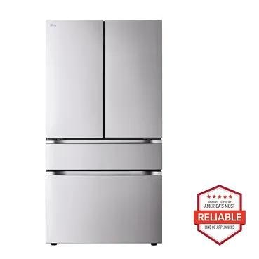 A badge next to this LG refrigerator says, Brought to you by America's most reliable line of appliances.