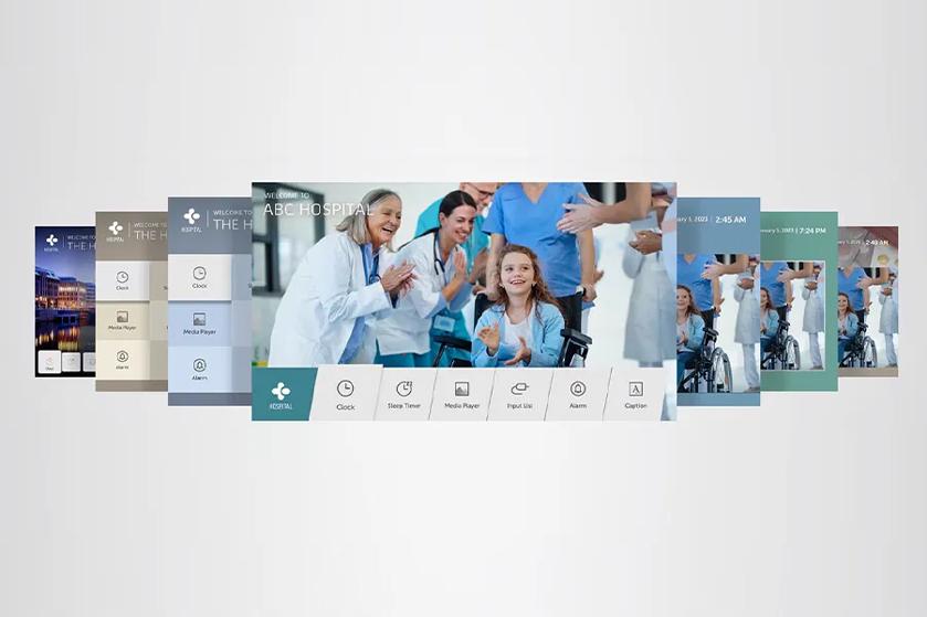 The image shows several overlapping digital interface screens, each displaying different layouts for a hospital information system.
