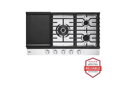 A top-down image of an LG CBGJ3627S gas cooktop next to a red 'Brought to you by American's Most Reliable Line of Appliances' badge and a blue 'ENERGY STAR® certified' badge.