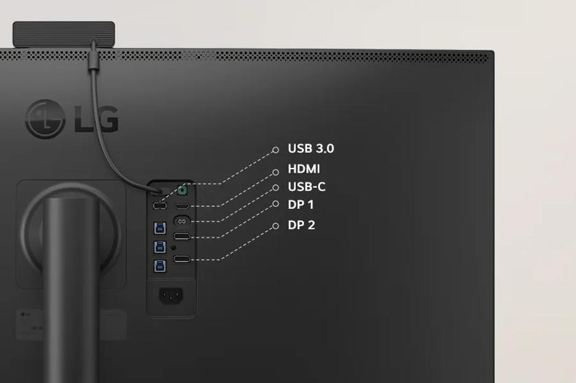 Rear view of the LG 40HT513D showing USB-C, HDMI, dual DisplayPort, and USB 3.0 connectivity options.	