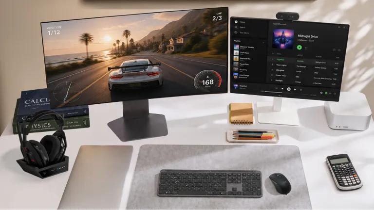 Back to School multi-monitor desk setup featuring two LG monitors on a white desk — the left monitor displaying a racing game and the right monitor showing a music streaming app — alongside a headset on a stand, textbooks, keyboard, mouse, and calculator
