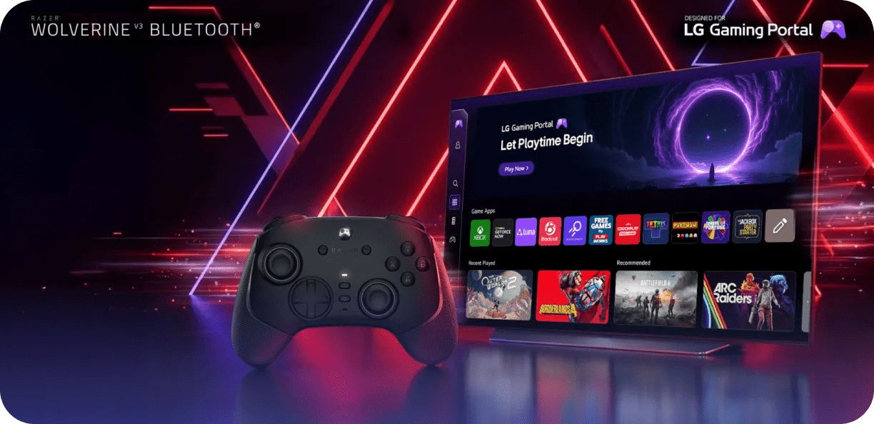 Gaming setup with neon red and purple lines, an LG TV showing a gaming portal interface, and a Bluetooth controller.