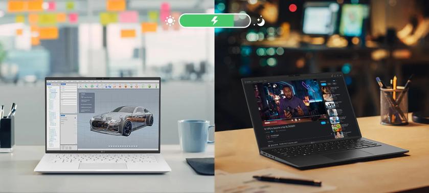 A split-image showing a white laptop with design software and a black laptop with a video tutorial, illustrating day and night usage.