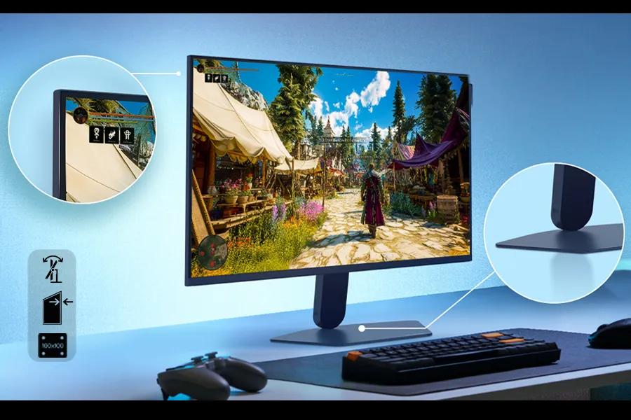 LG 27G521B-B UltraGear Monitor with streamlined stand design and adjustable height and tilt features