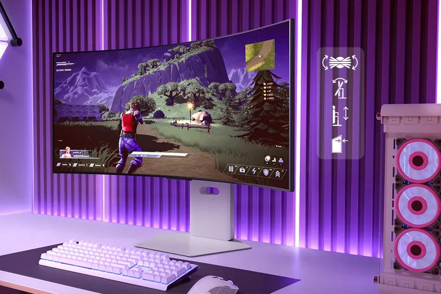 LG 34GX90SB-W UltraGear OLED Gaming Monitor in purple-lit gaming battlestation with keyboard and PC tower