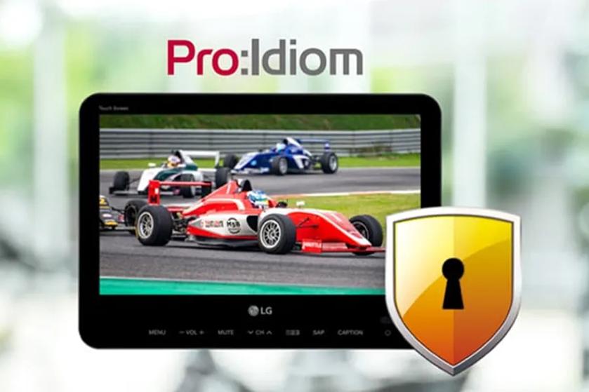 An LG Hospitality TV displaying the LG user interface with a nature landscape background, and a shield icon with a keyhole in the foreground beside it.