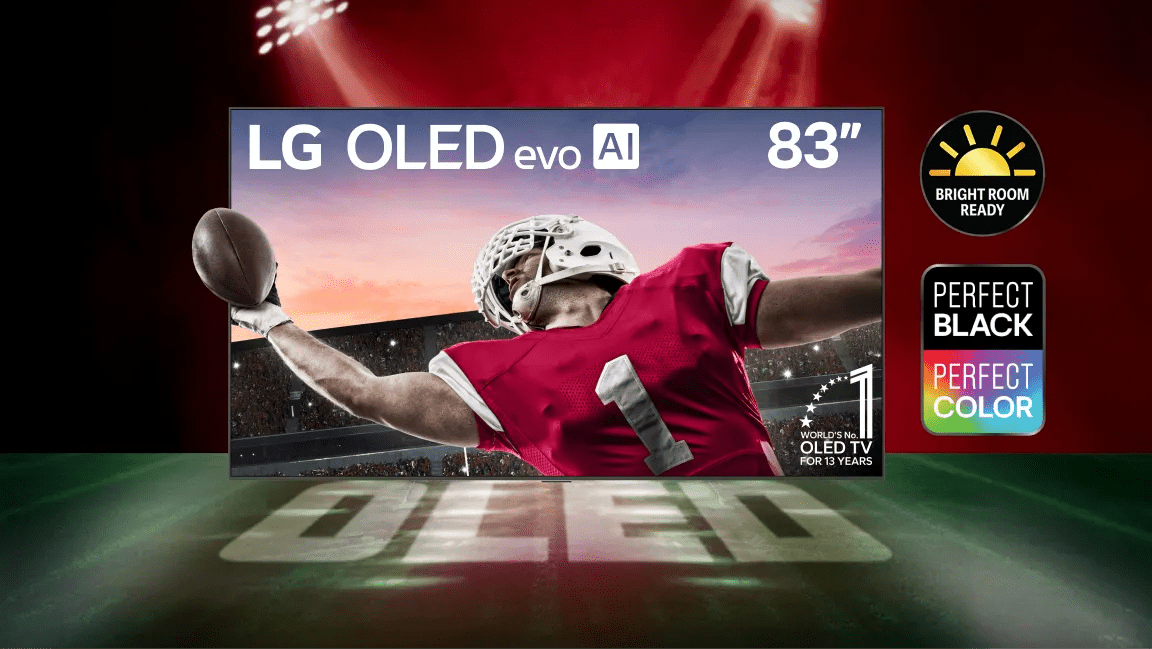 LG OLED TV on football field backdrop. Screen displays player catching football. “Bright Room Ready” badge. “Perfect Black, Perfect Color” badge. “OLED” text appears below.