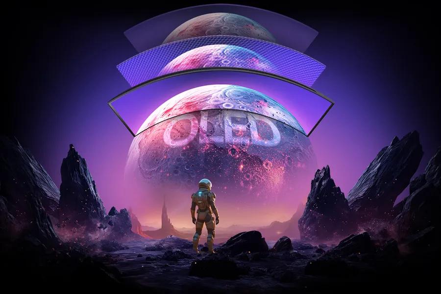 LG 34GX90SB-W UltraGear OLED Gaming Monitor displaying vibrant curved screen with OLED text and astronaut scene
