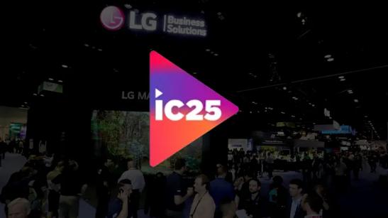 A photo of LG's booth at InfoComm 2023, darkened and with the InfoComm 2025 show logo over it.