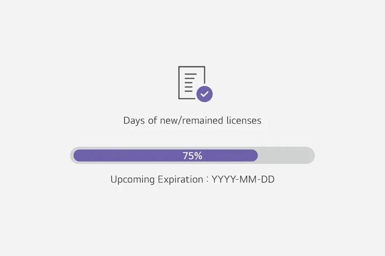 Illustration showing a document icon with a check mark, a progress bar at 75%, and text about license days and expiration.

Transcribed Text:

Days of new/remained licenses
75%
Upcoming Expiration : YYYY-MM-DD