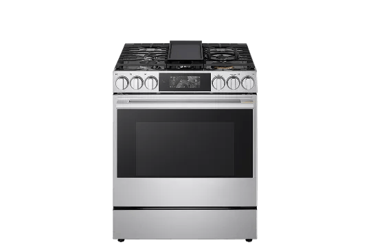 LG SIGNATURE LSGU6339X gas range with five burners, griddle, and stainless steel finish