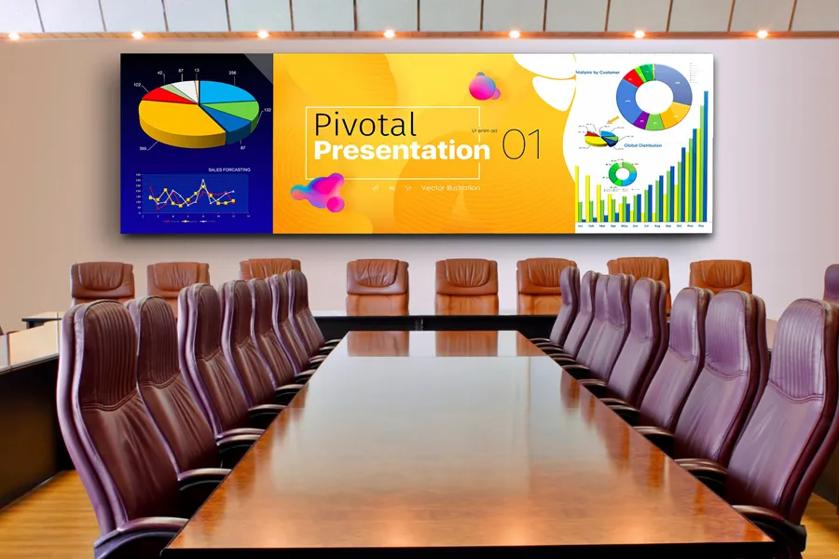All in One DVLED Display above a conference table, with an icon of a person using a laptop to monitor the display. 