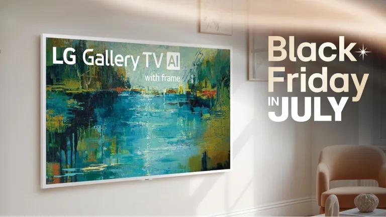 Black Friday in July -- LG Gallery TV AI with frame mounted on a wall displaying abstract artwork in a bright living room setting.