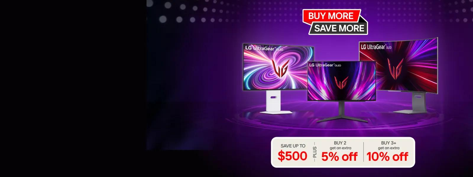 LG UltraGear OLED gaming monitor promo. "BUY MORE SAVE MORE" with up to $500 off, plus 5% off for two and 10% off for three or more. Futuristic purple-lit background.