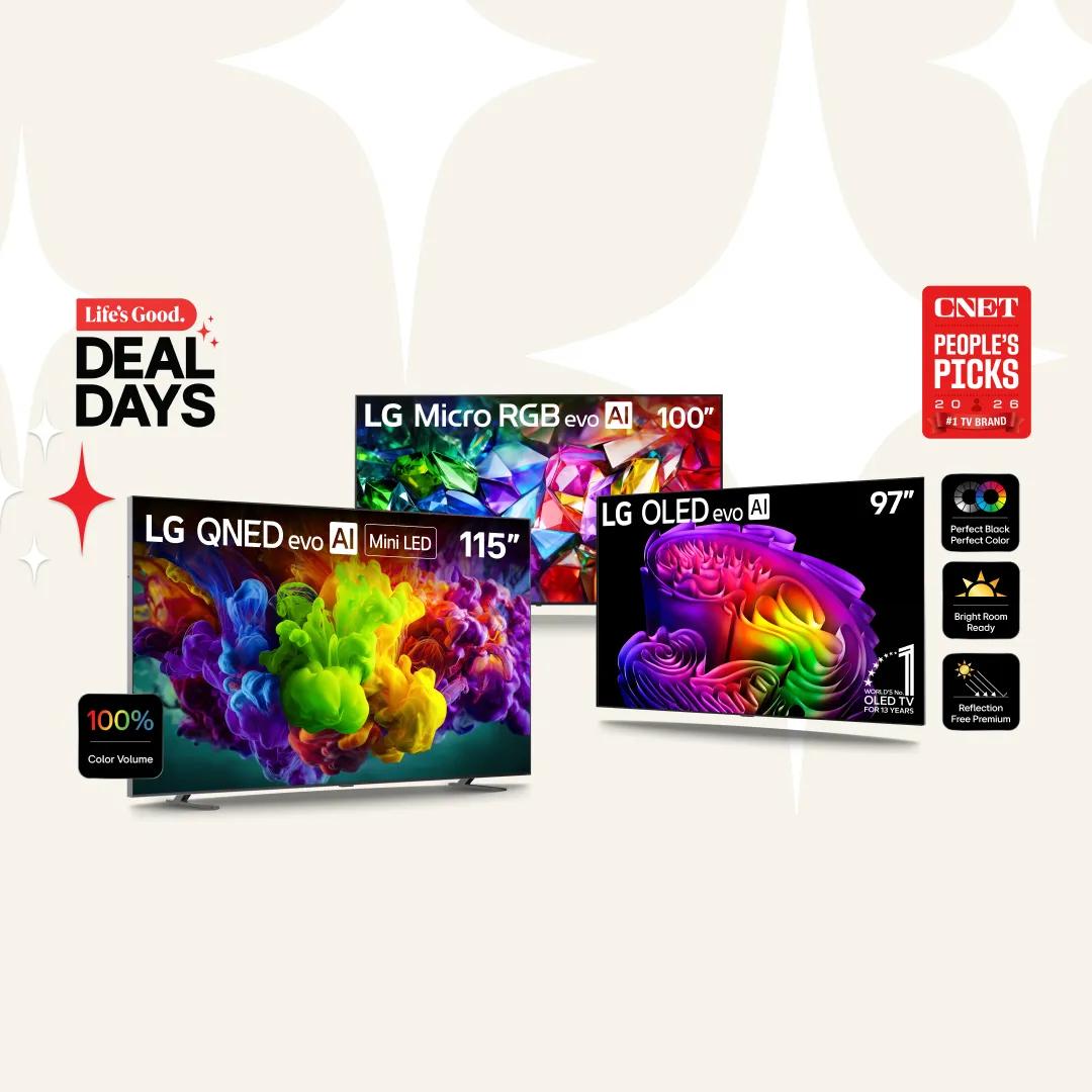 LG Deal Days promotional graphic featuring the LG QNED evo AI 115-inch Mini LED, LG Micro RGB evo AI 100-inch, and LG OLED evo AI 97-inch TVs, with CNET People's Picks 2026 #1 TV Brand badge.