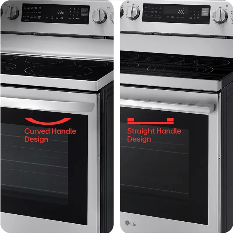 Two LG ranges are shown side by side—one with curved handle design and one with straight handle design.