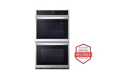 A front-facing image of an LG WDEP9423F/D double wall oven next to a red 'Brought to you by America's Most Reliable Line of Appliances' badge.