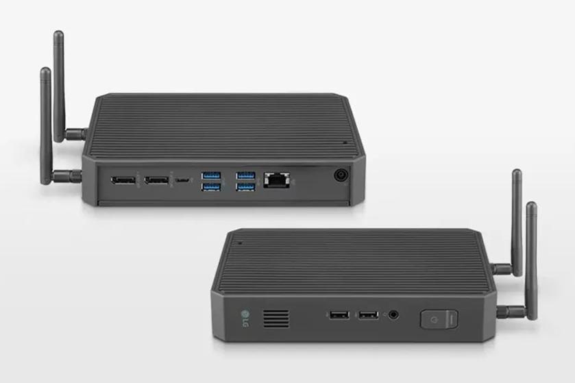 A close-up of an LG cloud device, showing the various ports and plugs.