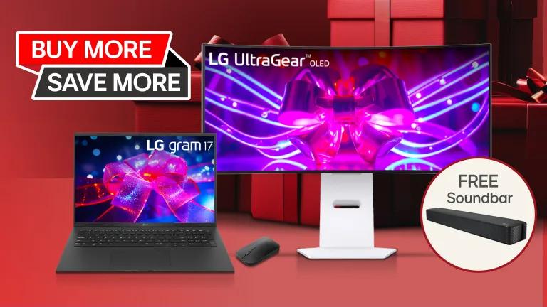 Buy More Save More - Purchase two or more eligible LG monitors or laptops and the LG SK1 2.0 Channel Compact Sound Bar and receive instant additional savings equal to the value of the LG SK1