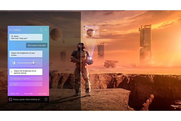 Screen shows an astronaut on a red planet using futuristic technology. Overlay shows interaction with AI Chatbot in which a user, "Jenna," commands the TV to adjust brightness to an optimal setting.