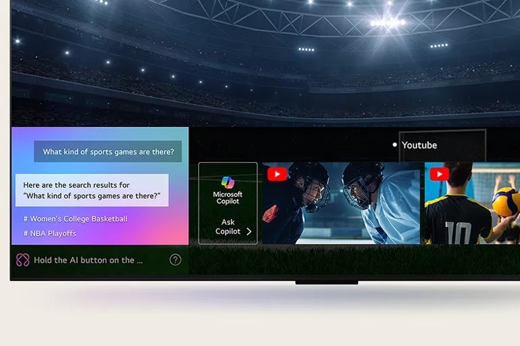 Overlay showing interaction with AI Search for sports. In a video thumbnail image, two hockey players face off, and in the background a sports stadium at night.
