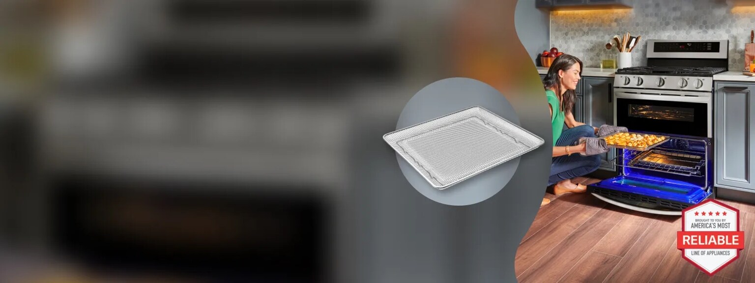 A woman removing cooked food from an LG range, Reliable Home Appliances Badge to the bottom right.