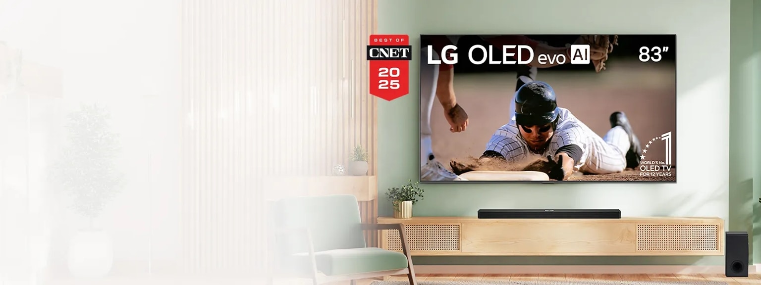 83" LG OLED evo AI TV with CNET 2025 award, showing a baseball scene; bright-room ready, mounted in a modern living room.