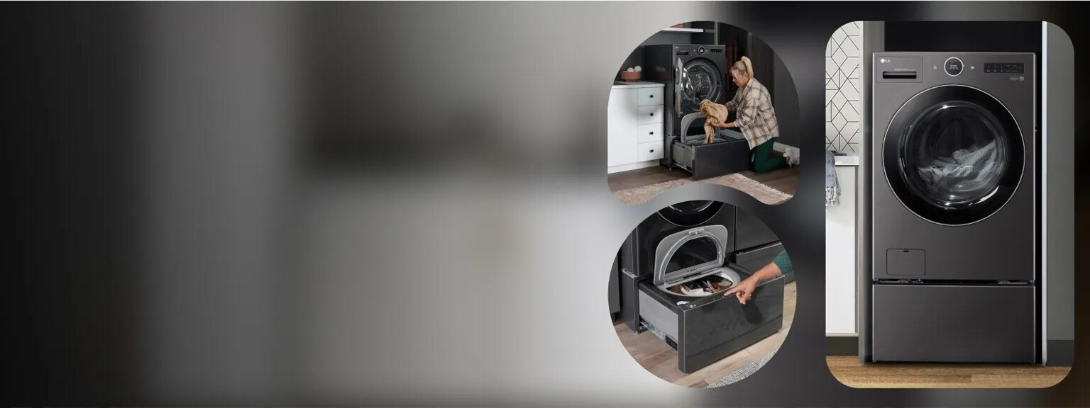 A woman unloads laundry from her pedestal washer, situated directly below an LG WashCombo. Various close-ups of the SideKick Pedestal Washer and WashCombo.