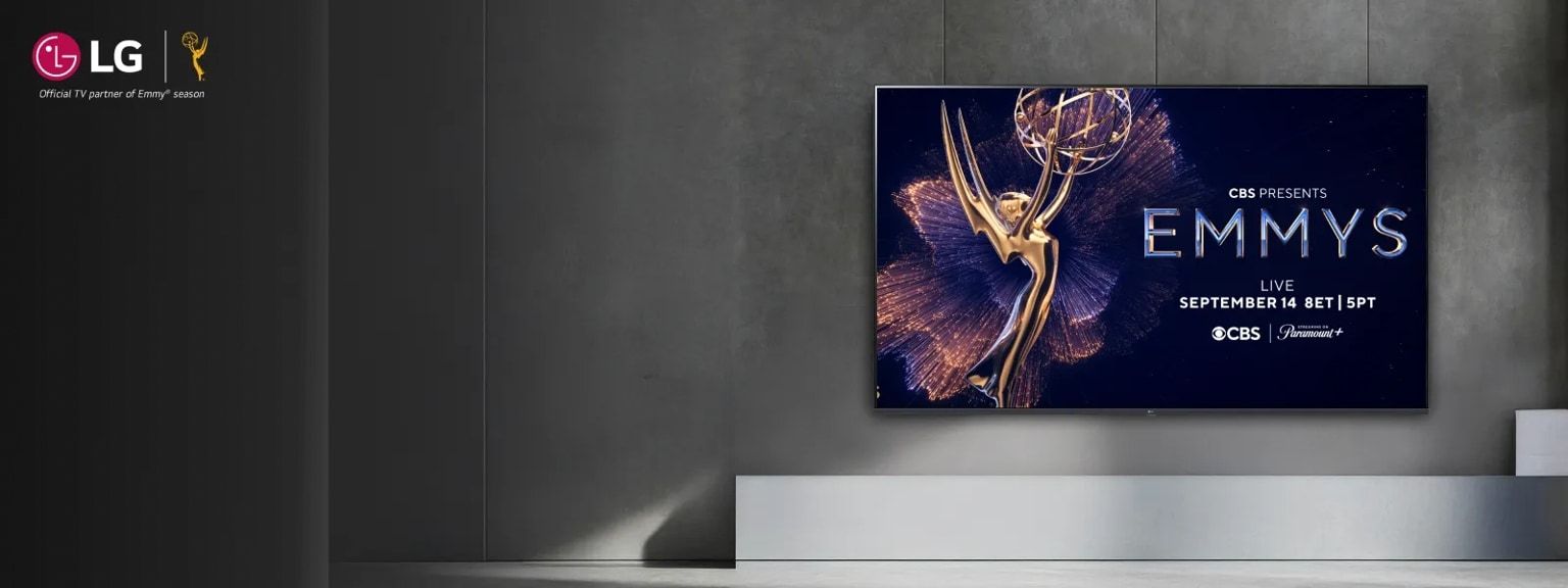 Ultra-large QNED TV showing Emmy statue and with Emmys logo.