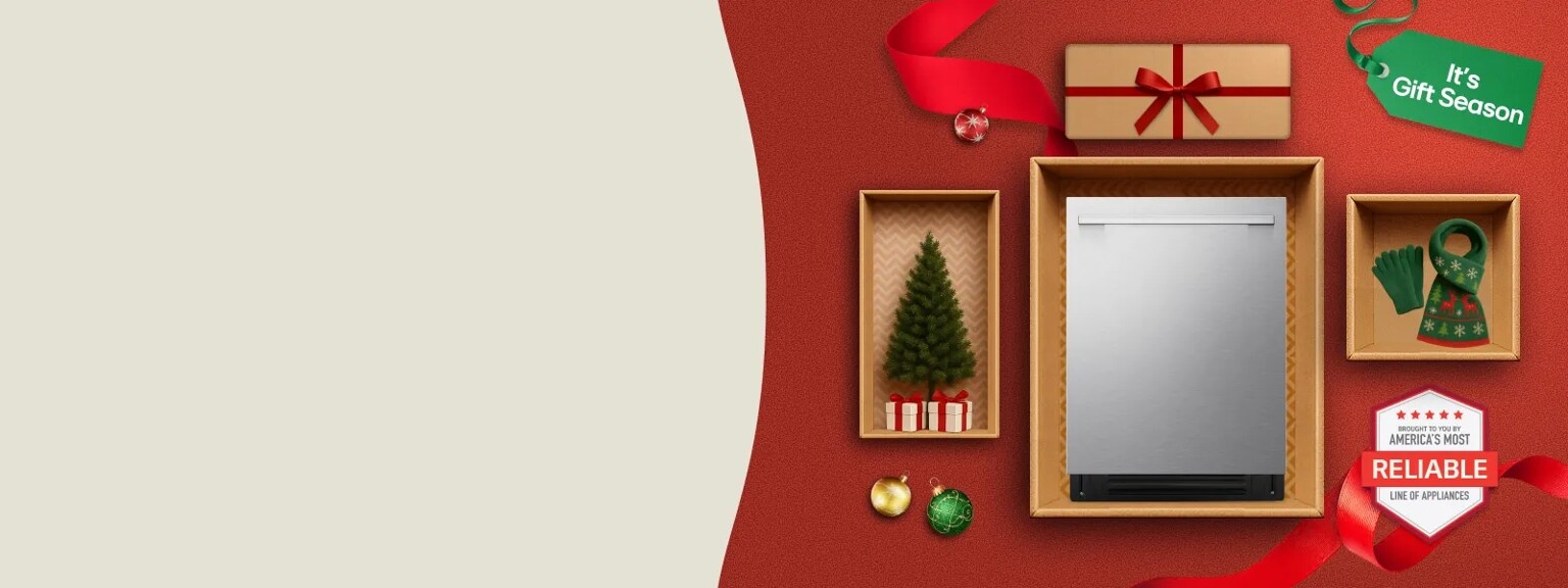 Alt text:
“It’s Gift Season” tag. An LG Dishwasher and various holiday-themed items appear in a gift box collage layout.  “America’s Most Reliable Line of Home Appliances” badge.