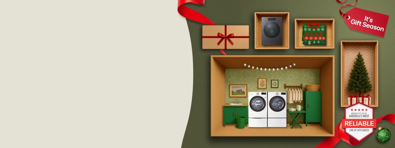 “It’s Gift Season” tag. Various laundry appliances and holiday-themed items appear in a gift box collage layout.  “America’s Most Reliable Line of Home Appliances” badge.
