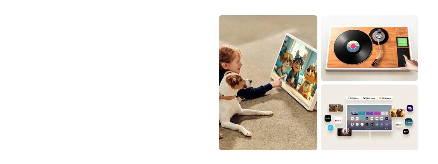 Various scenes showing a detached StanbyME screen with an interactive turntable, a child watching a video, and a front view and various app icons surrounding it. 