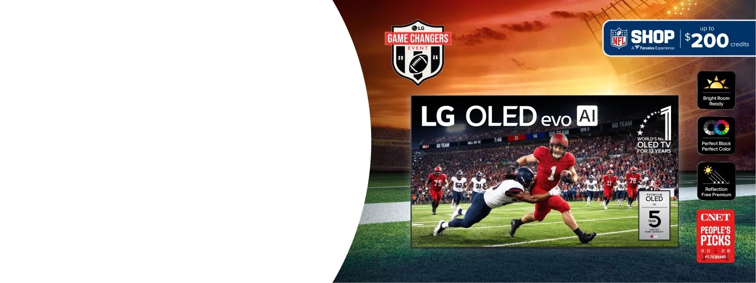 LG Game Changers Event featuring LG OLED evo AI TV displaying a football game, set against a stadium backdrop. NFL Shop | A Fanatics Experience -- up to $200 credits. World's No. 1 OLED TV For 13 Years badge on screen. Premium OLED 5 Year Limited Panel Warranty badge visible. Feature callouts: Bright Room Ready, Perfect Black Perfect Color, Reflection Free Premium. CNET People's Picks 2026 #1 TV Brand badge.