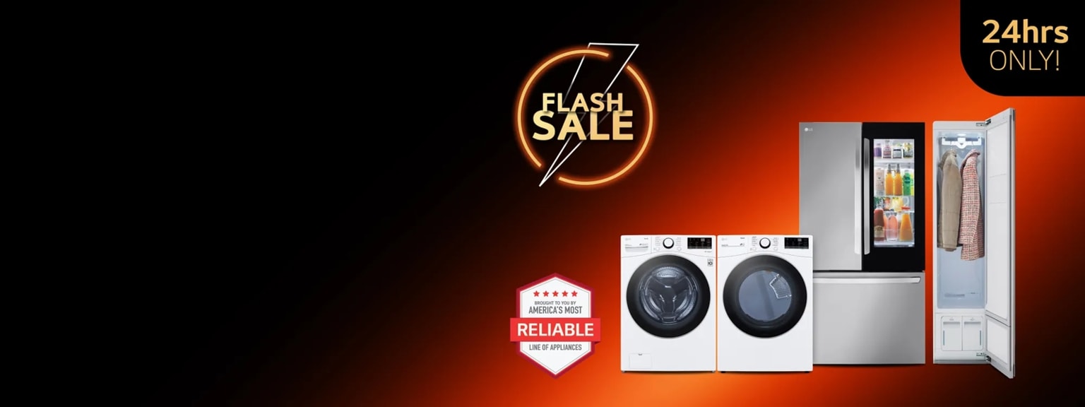 2 badges reading “Flash Sale” and “24 Hours Only” appear above a group of LG appliances on an orange and black background. 
