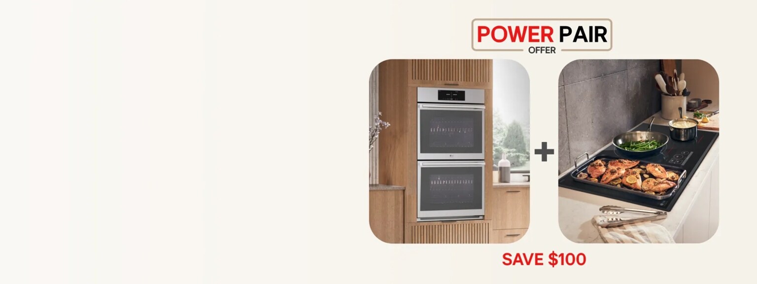 “Cooking Power Pair Offer” title badge. A double wall oven appears next to various items on a cooktop. “Save $100” text below.