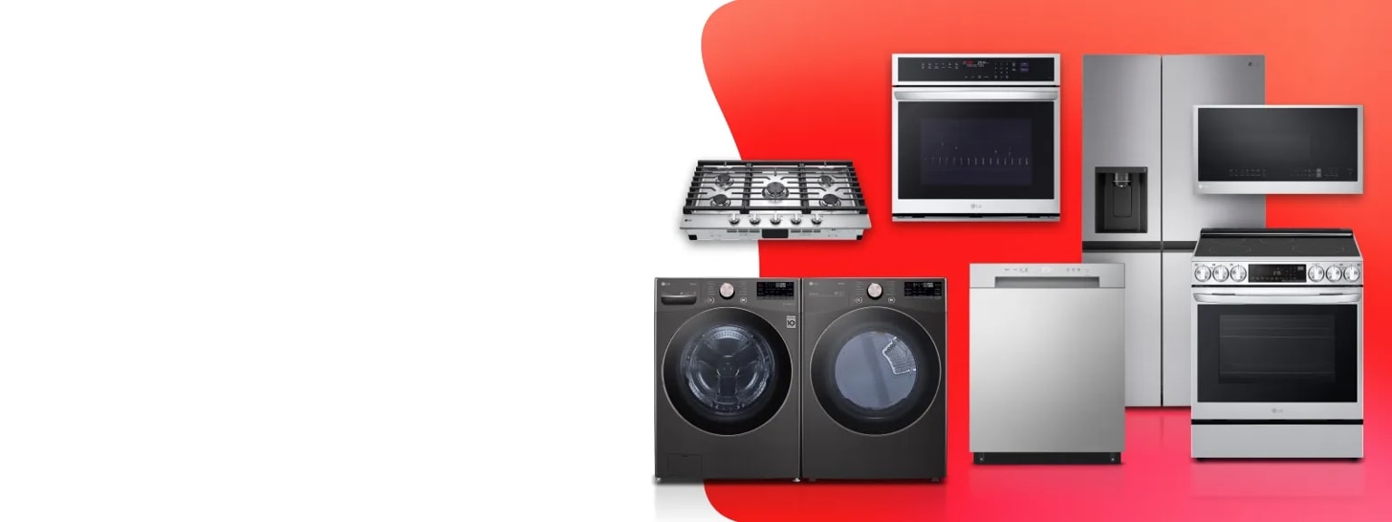 A lineup of LG kitchen and laundry appliances is floating against a red gradient background.