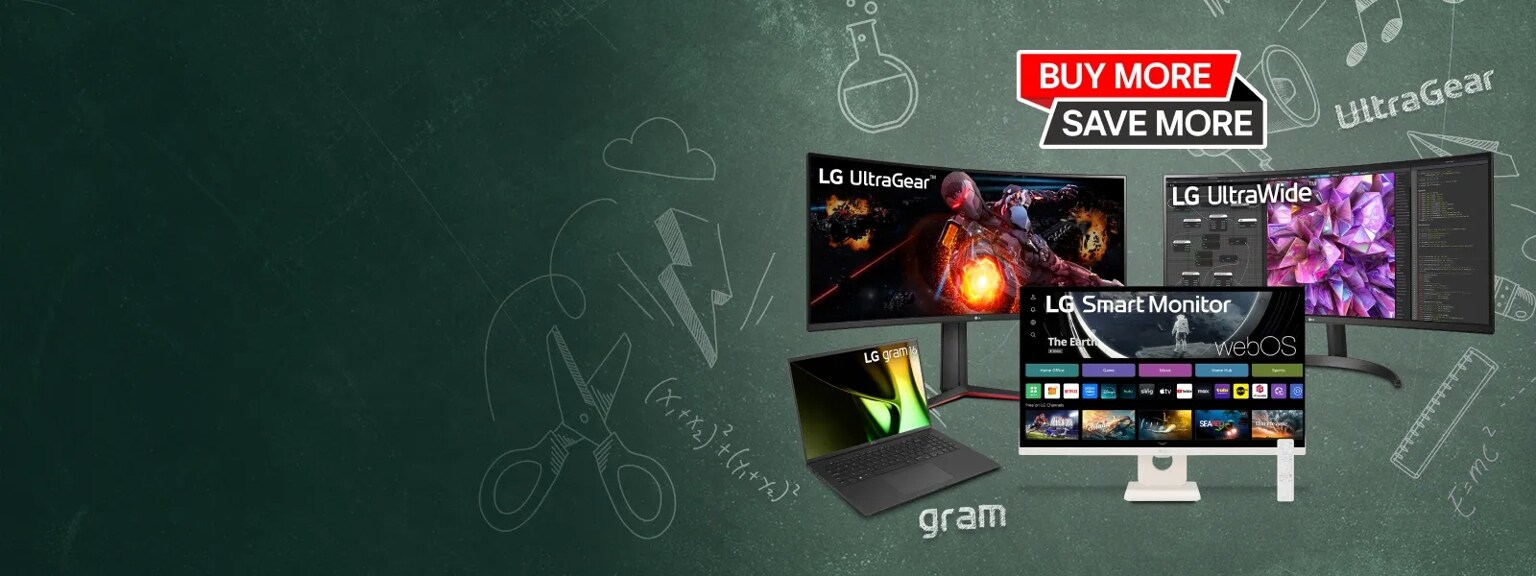 A group of LG laptops and monitors appear on a school-themed blackboard graphic. 