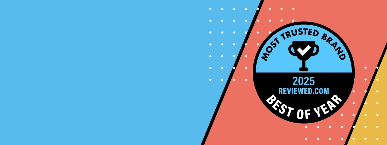 A graphic background is split in three parts—yellow, blue and red. LG Products are displayed under a badge that says “Most Trusted Brand 2025 Reviewed.com Best of Year”